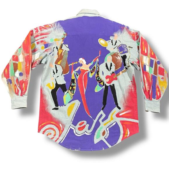 Vintage Kolorway USA Hand Painted Womens Shirt Medium All Over Print Jazz Art - Picture 3 of 7